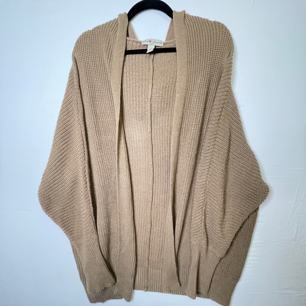 Love Change Italy Tan Hooded Cardigan Slouchy Chunky Knit Sweater Large